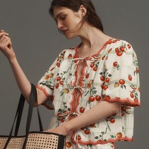 Maeve Tomato Print Blouse with Ties/Mediterranean Cottage Core Top